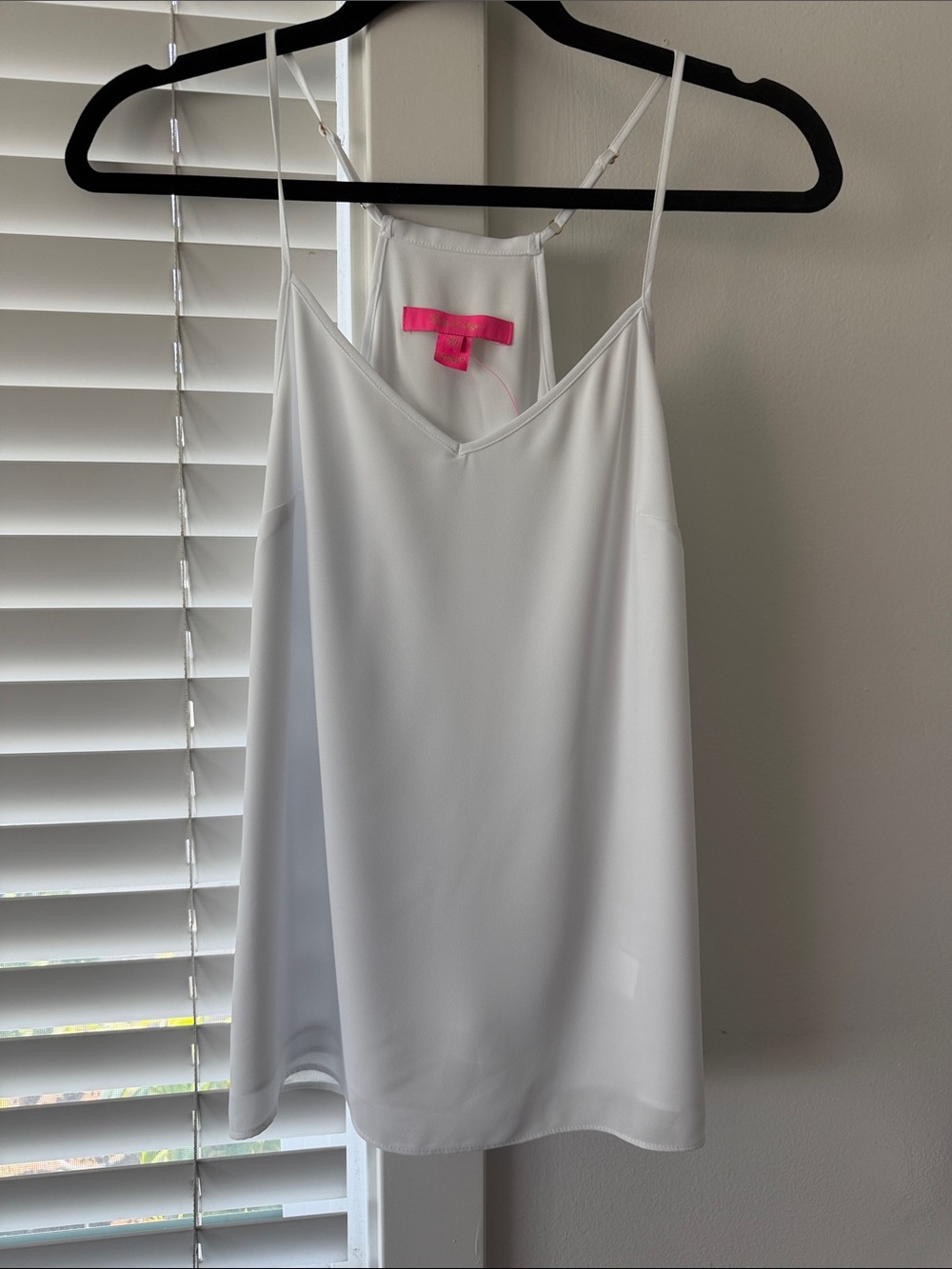 Lulu's White V-Neck Satin Cami with Hot Pink Tag